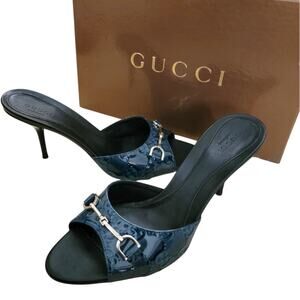 New Gucci Vintage Horsebit GG Logo Blue Black Leather Sandals Heels 7.5 37.5